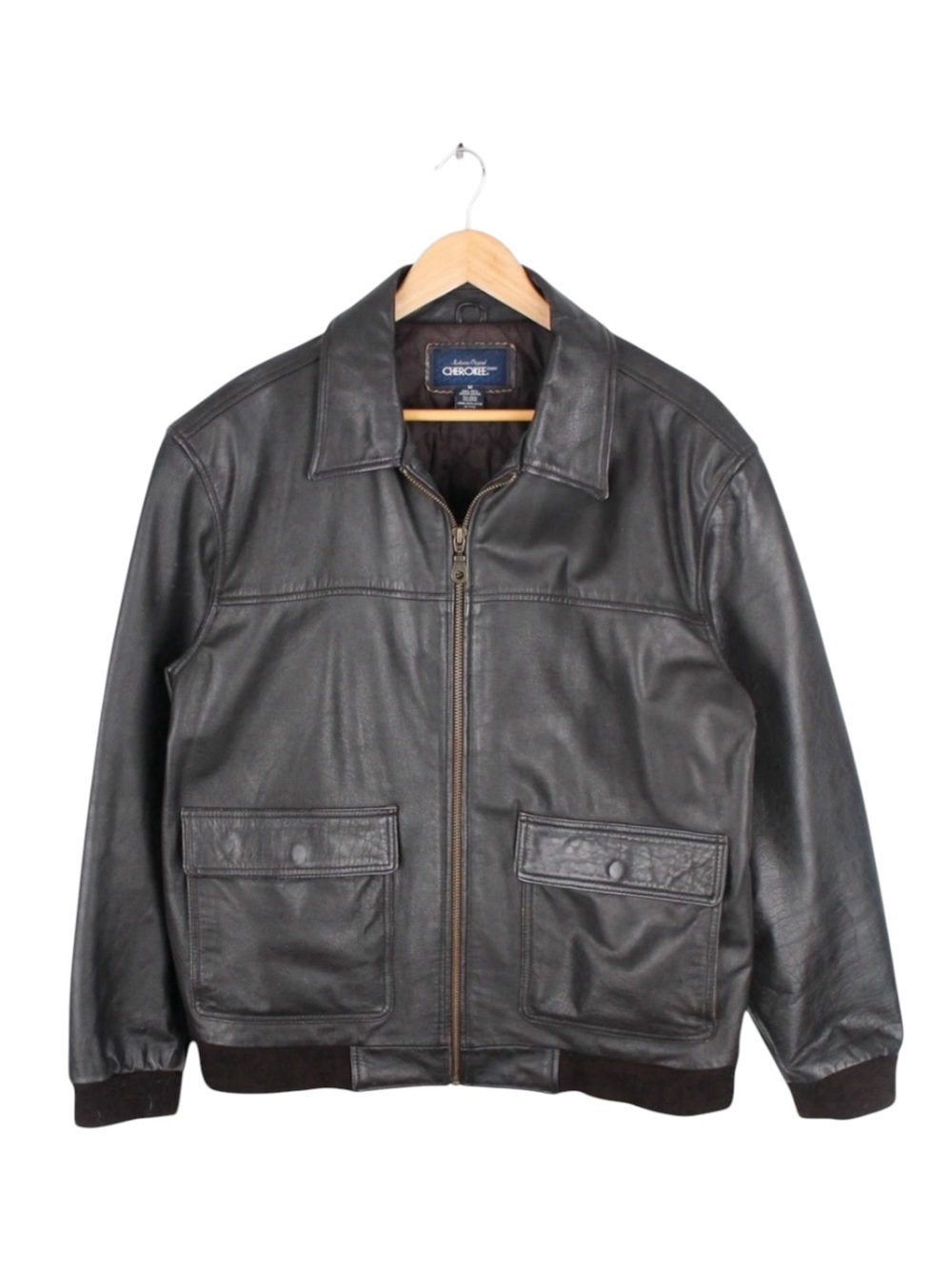 Vintage Cherokee Genuine Leather Bomber Jacket Brown Quilted Lined Mens Medium